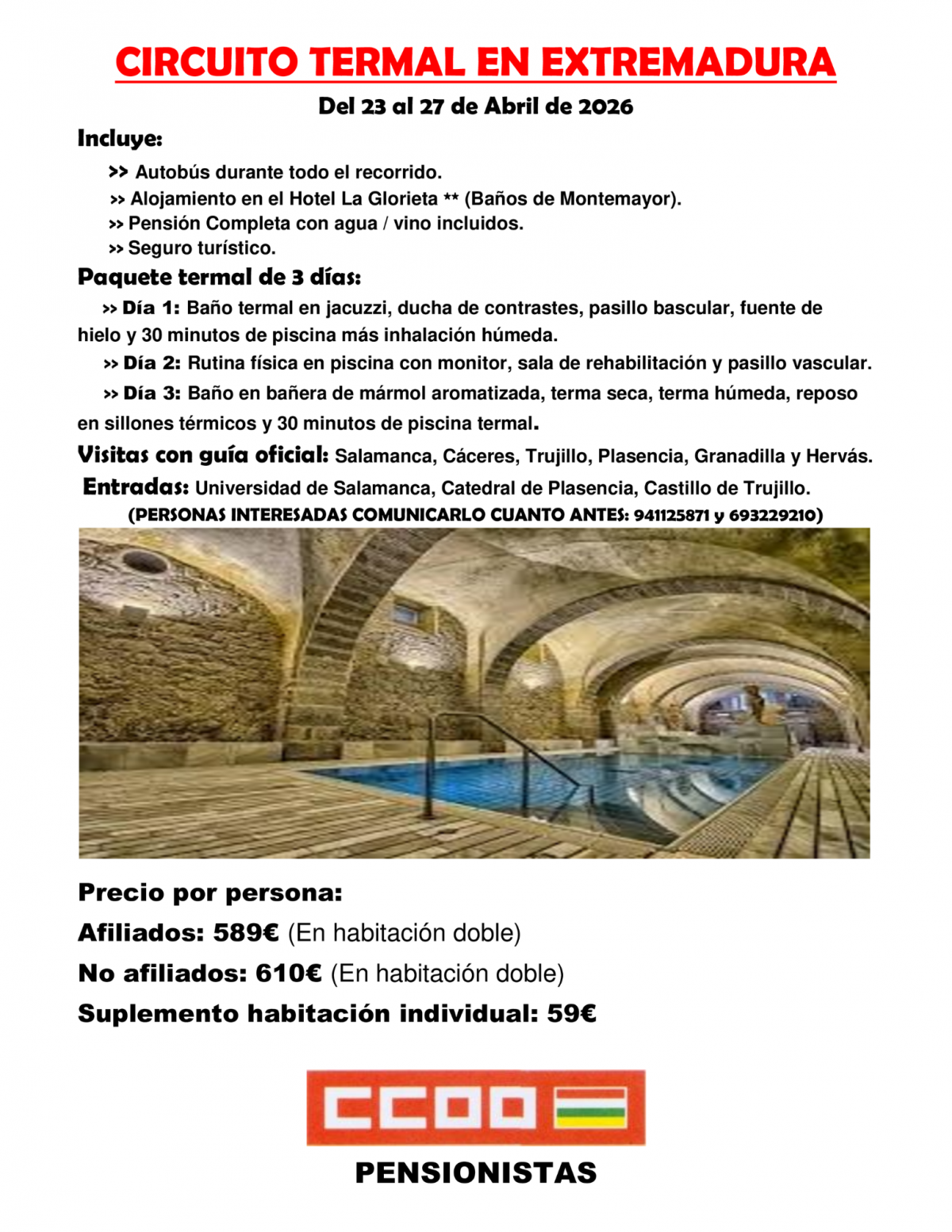 Cartel del viaje a Extremadura organizado por la federación de Pensionistas de CCOO La rioja